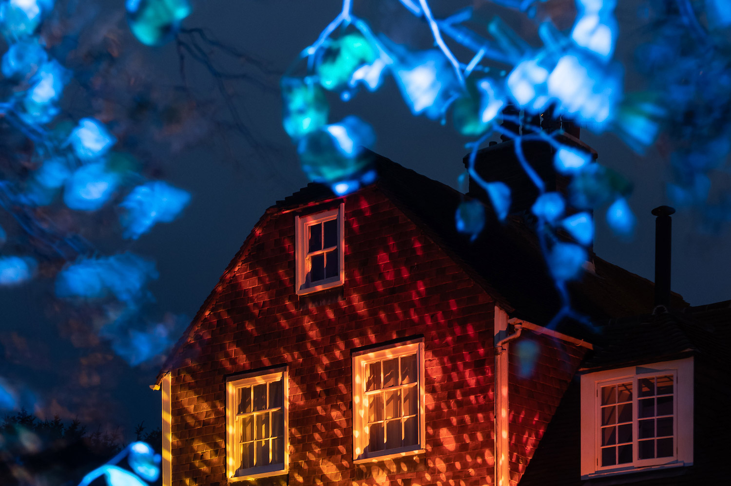 Lit house exterior